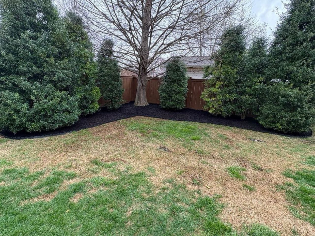 Fresh mulch beds and shrubs along a fence line